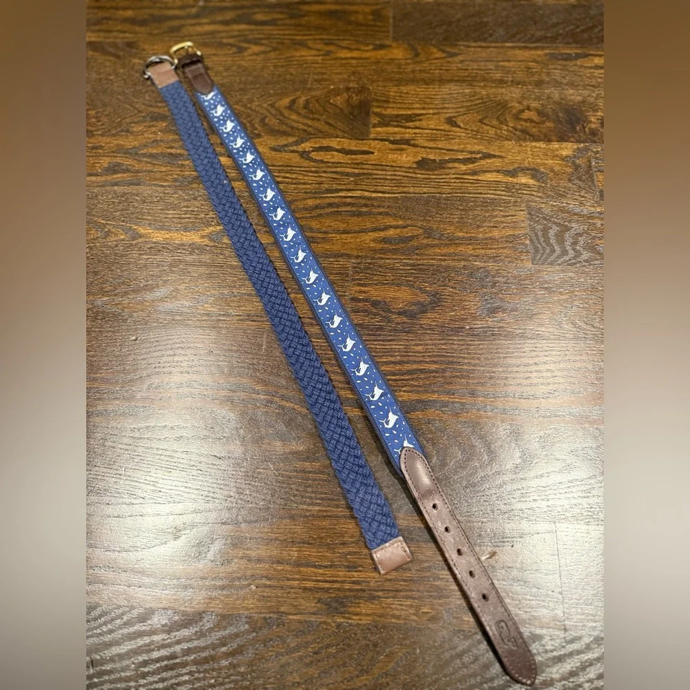 Kid’s Sz 22 Navy Blue Braided Canvas D-Ring Belt with Brown Leather Accents